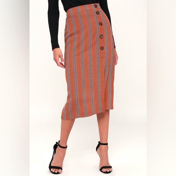 In Stride Rust Orange Striped Button-Front Pencil Skirt - Picture 2 of 3